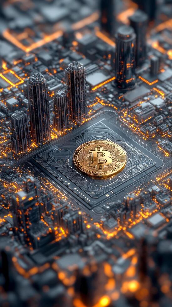 Bitcoin on a cityscape with city lights photo