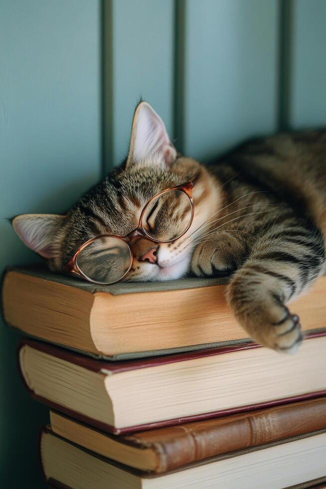 A cat wearing glasses is sleeping on top of a stack of books photo