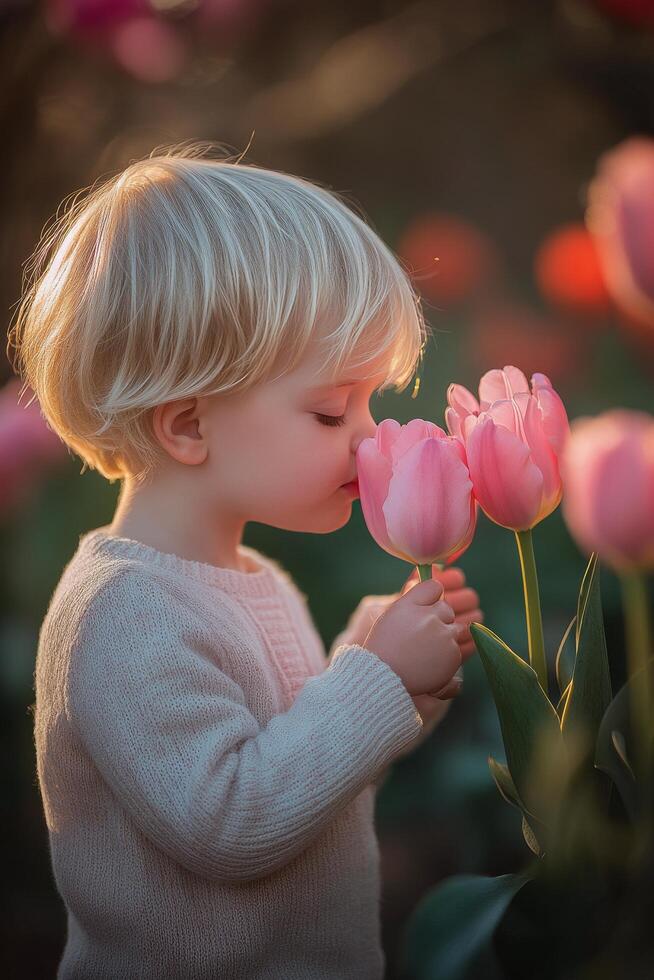A little girl smelling pink tulips photo