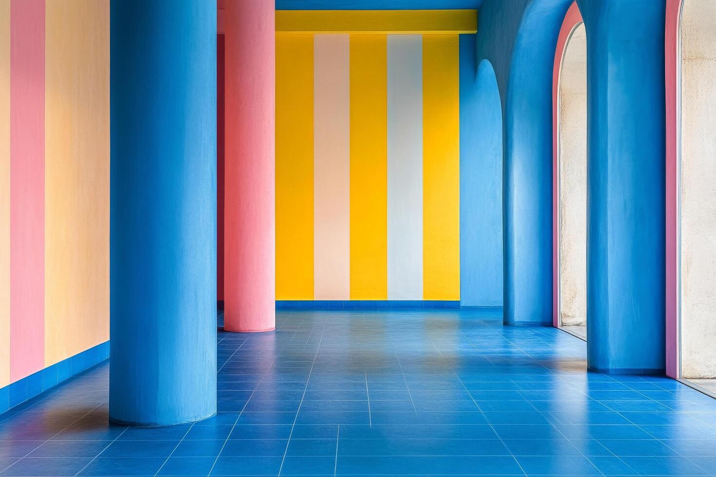 A colorful hallway with blue, yellow and pink walls photo