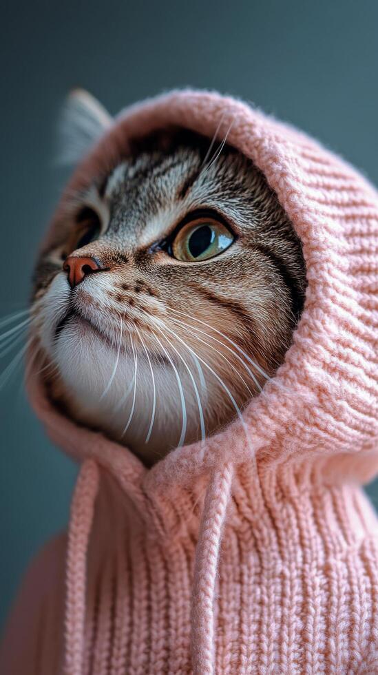 A cat wearing a pink sweater photo