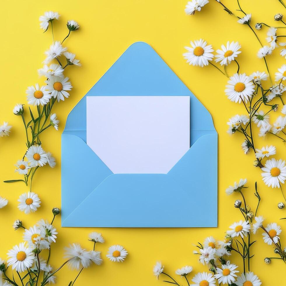 An open envelope with white paper and daisies on yellow background photo