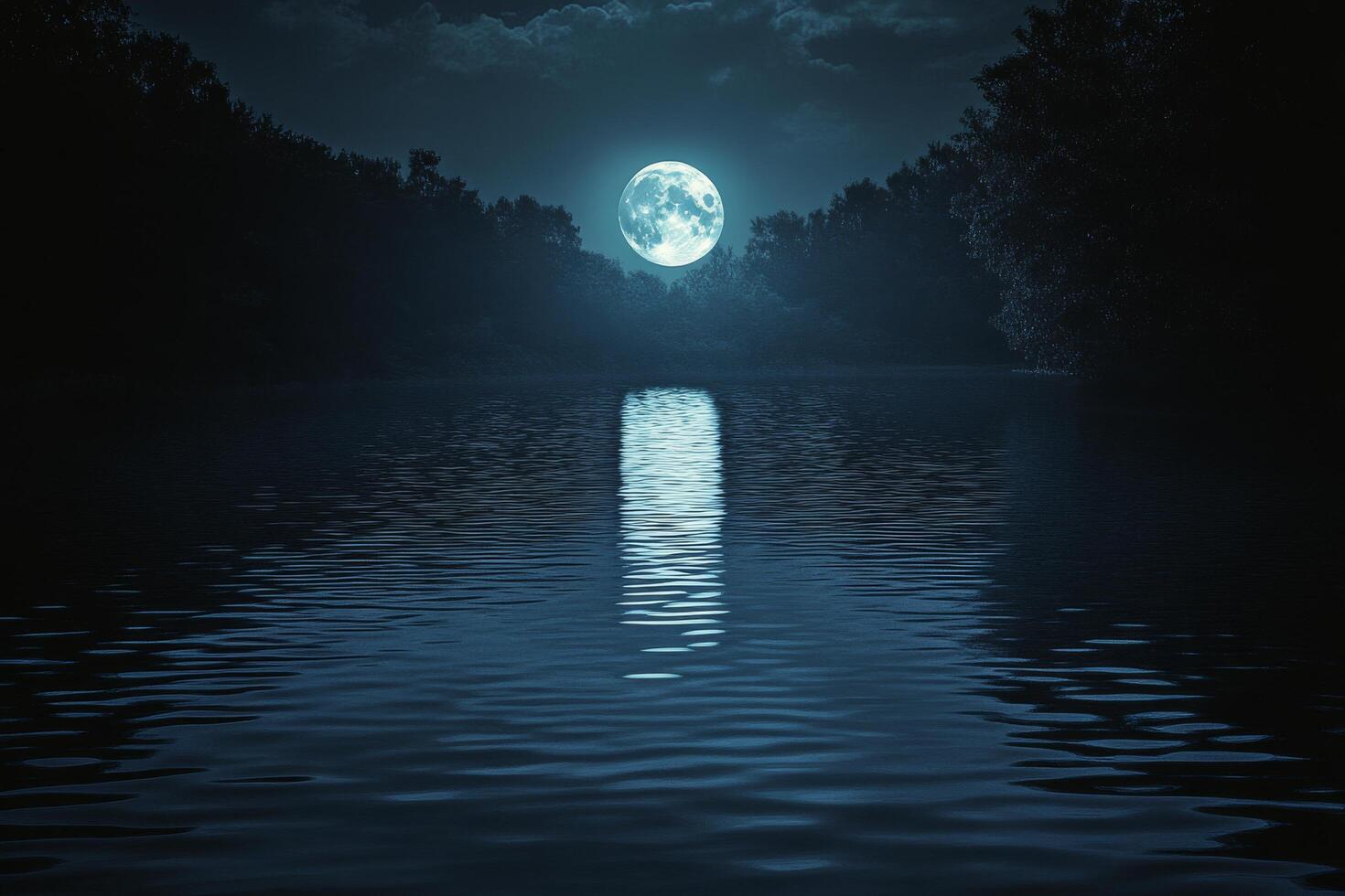 A full moon is shining over a lake at night photo