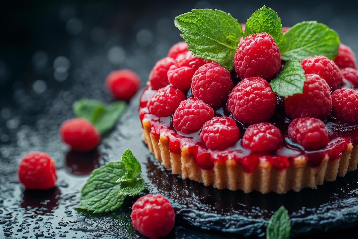 A raspberry tart with fresh raspberries on a black background photo