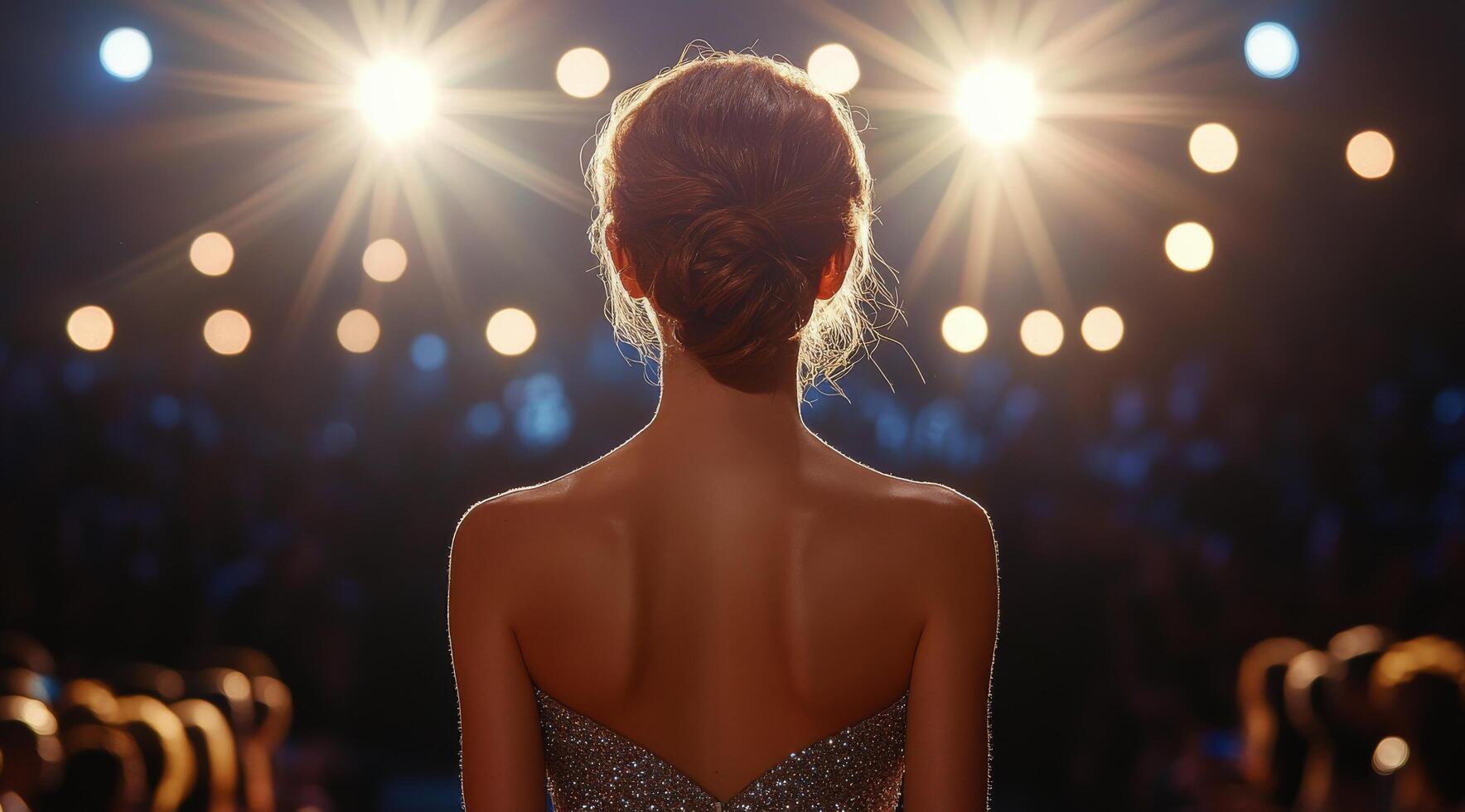 The back of a woman in a dress looking at the audience photo