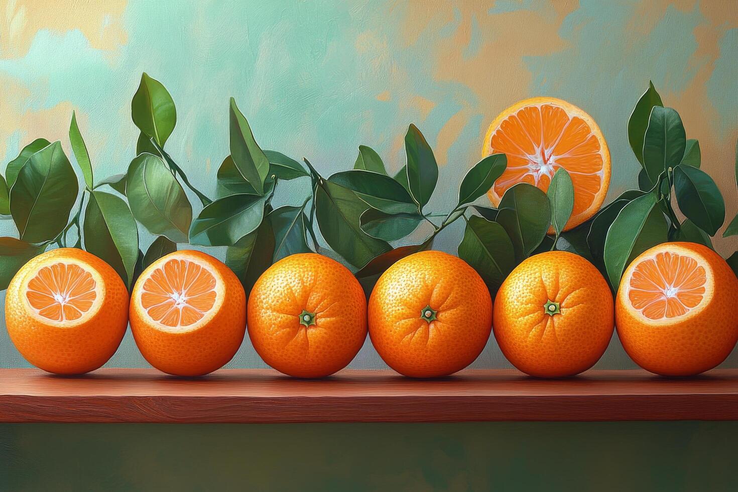 A row of oranges on a shelf photo