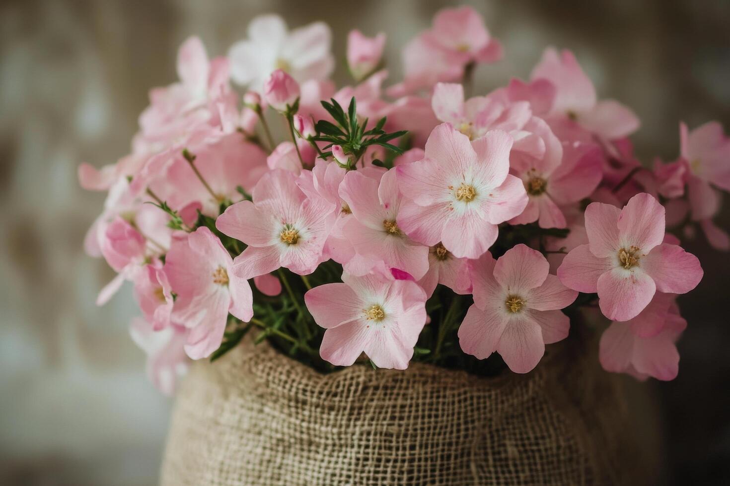 A bouquet of pink flowers in a burlap sack photo
