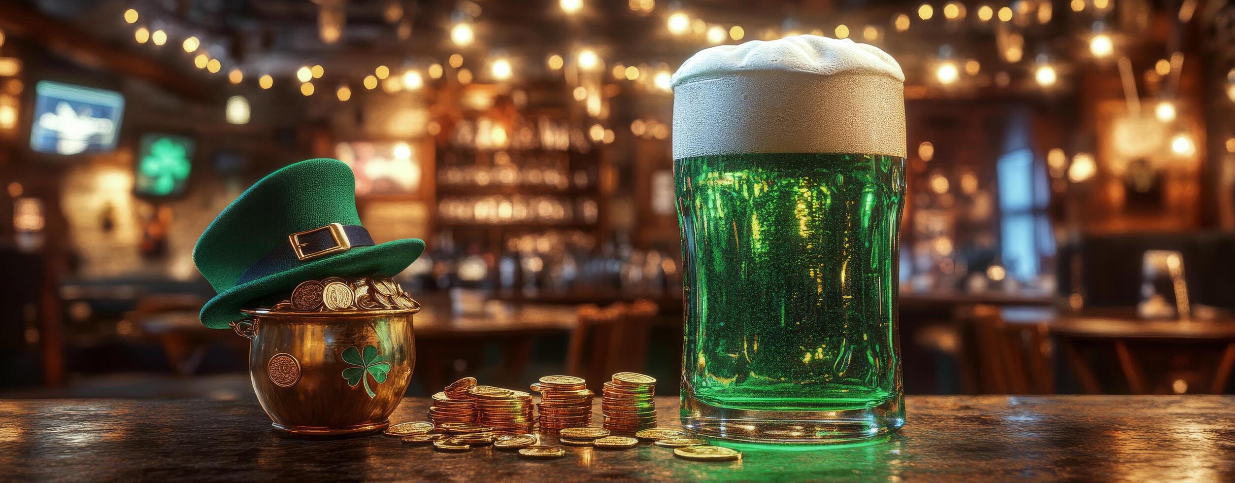 St patrick's day green beer and hat on bar photo