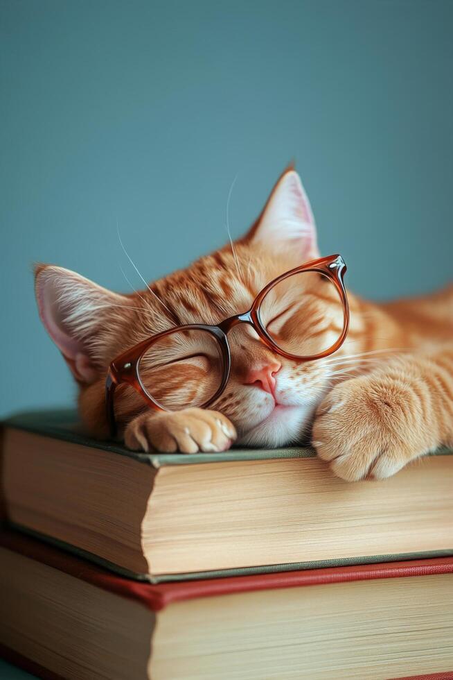 A cat wearing glasses is sleeping on top of a stack of books photo