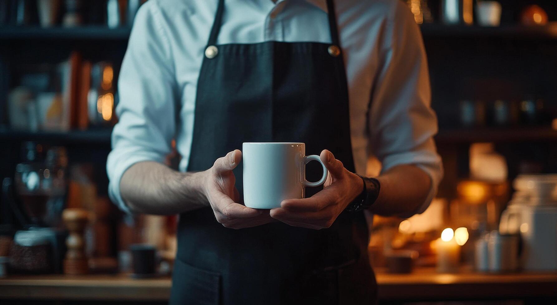 A man in an apron holding a coffee cup photo
