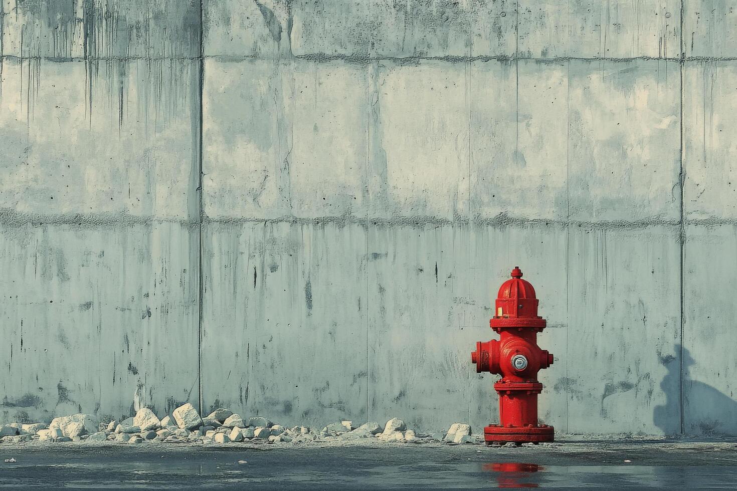A red fire hydrant next to a concrete wall photo