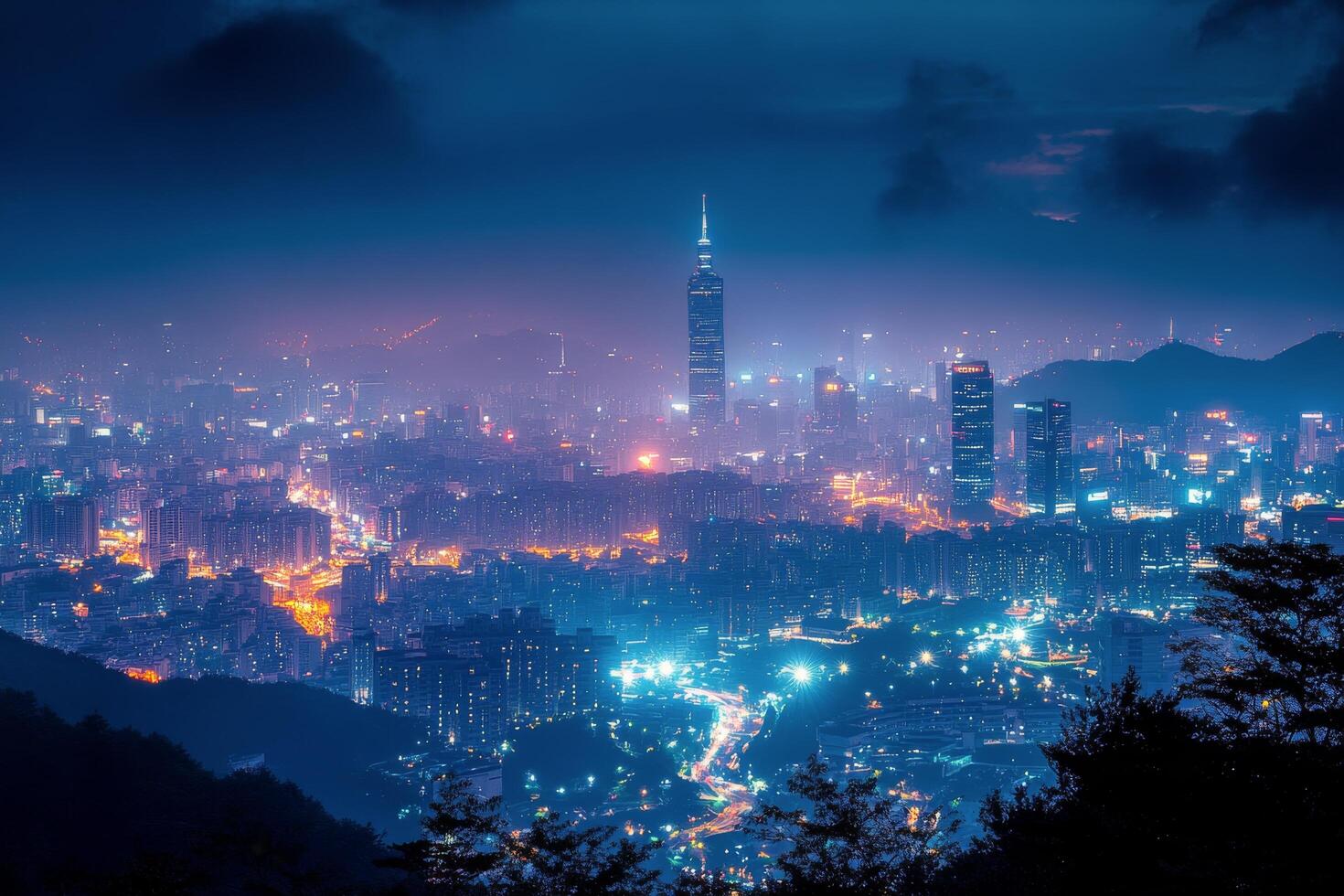 A cityscape at night with a city skyline in the background photo