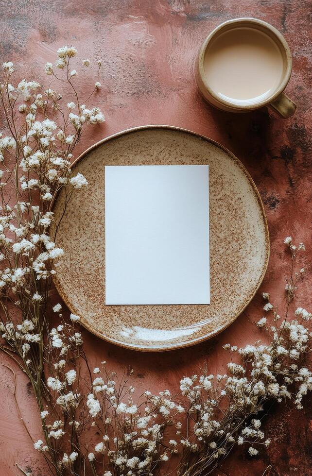 Blank paper on plate with flowers and cup of coffee on pink background photo