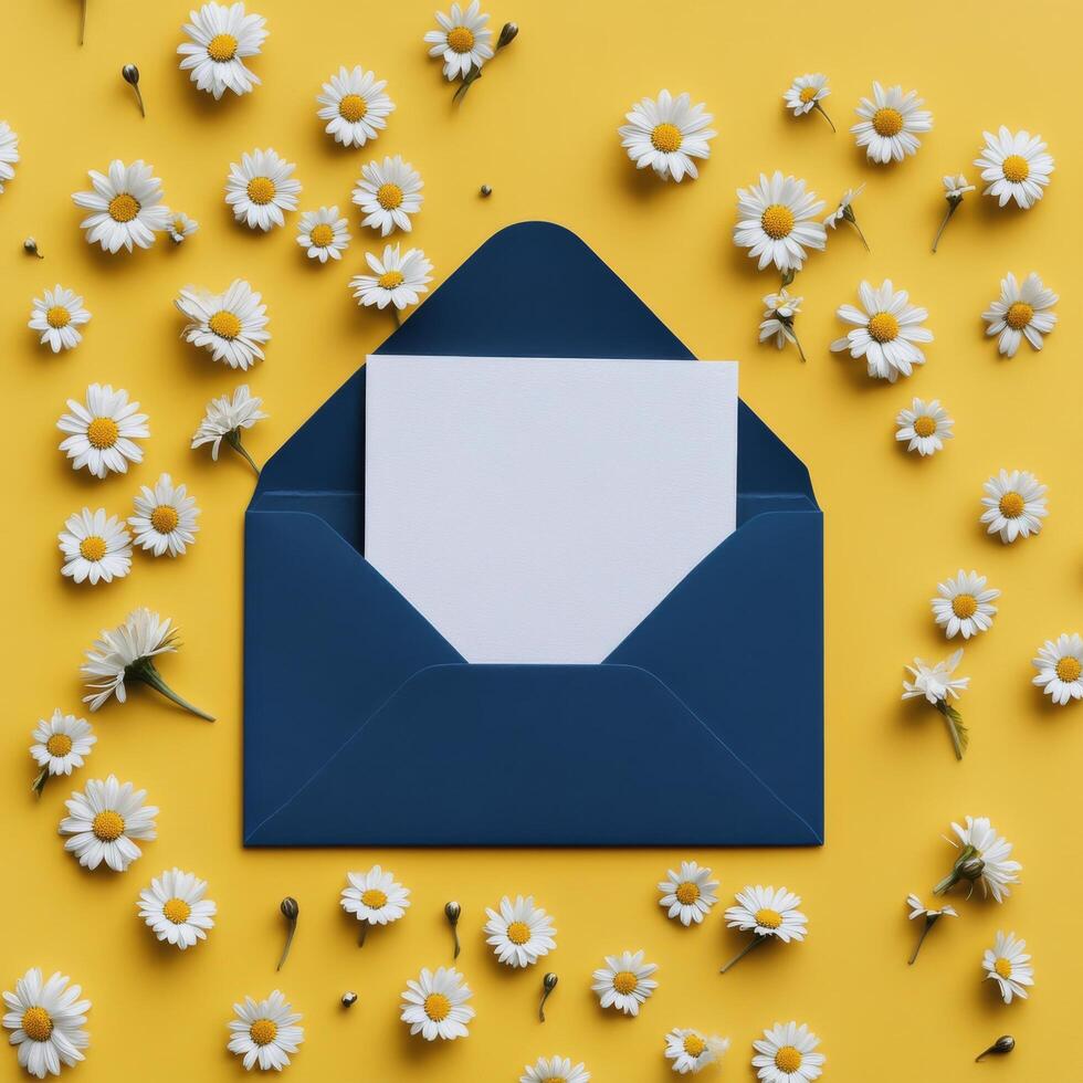 An open envelope with white paper and daisies on yellow background photo