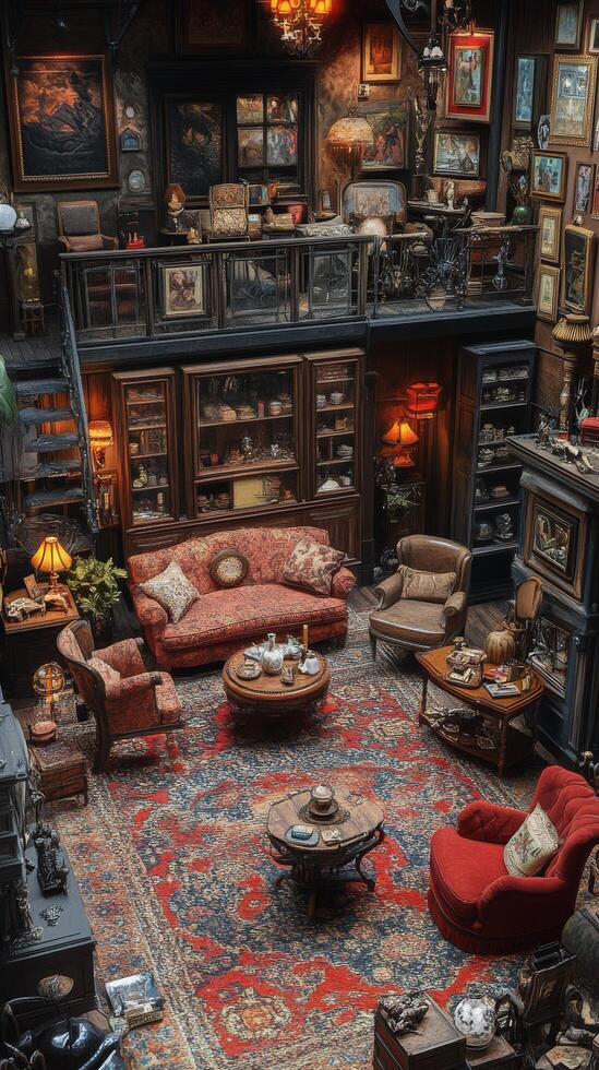 A living room with a lot of furniture and a lot of pictures photo