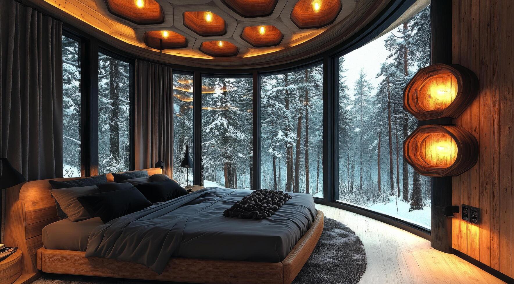 A bedroom with a circular bed and a view of the forest photo
