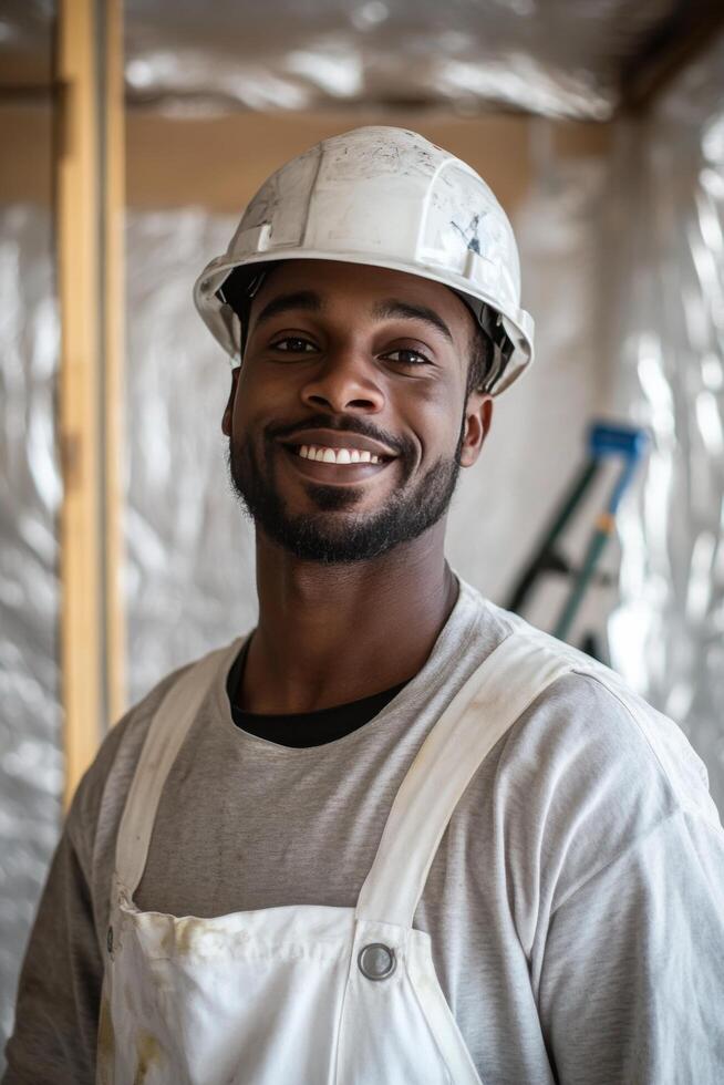 A smiling black man in a hard hat photo