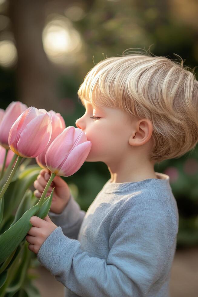 A young boy smelling pink tulips photo