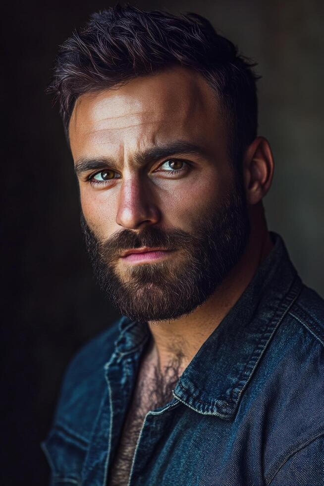 A man with a beard and denim jacket photo