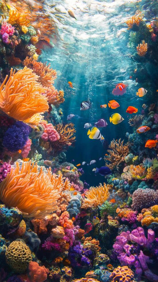 An underwater scene with colorful coral and fish photo