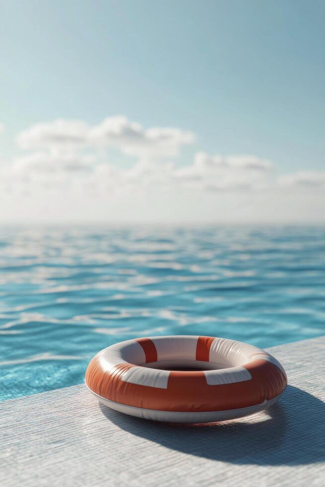 An orange life preserver sitting on the edge of a pool photo
