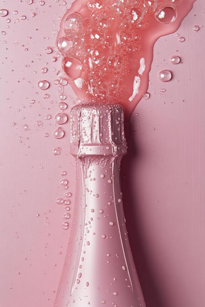 A bottle of champagne is being poured into a pink liquid photo
