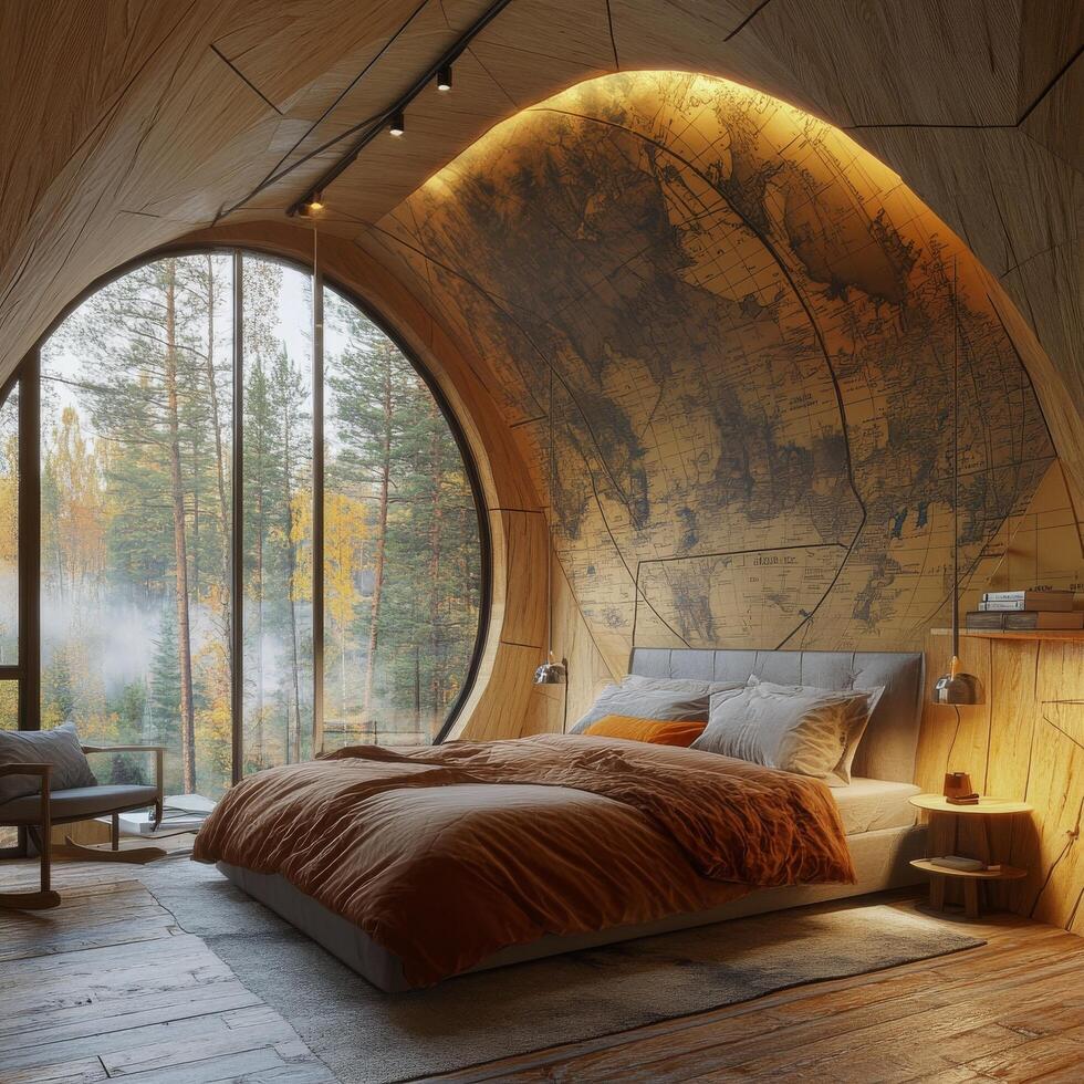 A bedroom with a large bed and a map on the wall photo