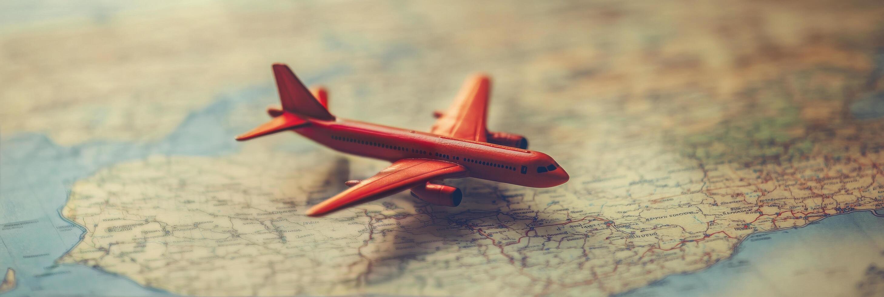 A red airplane is sitting on top of a map photo