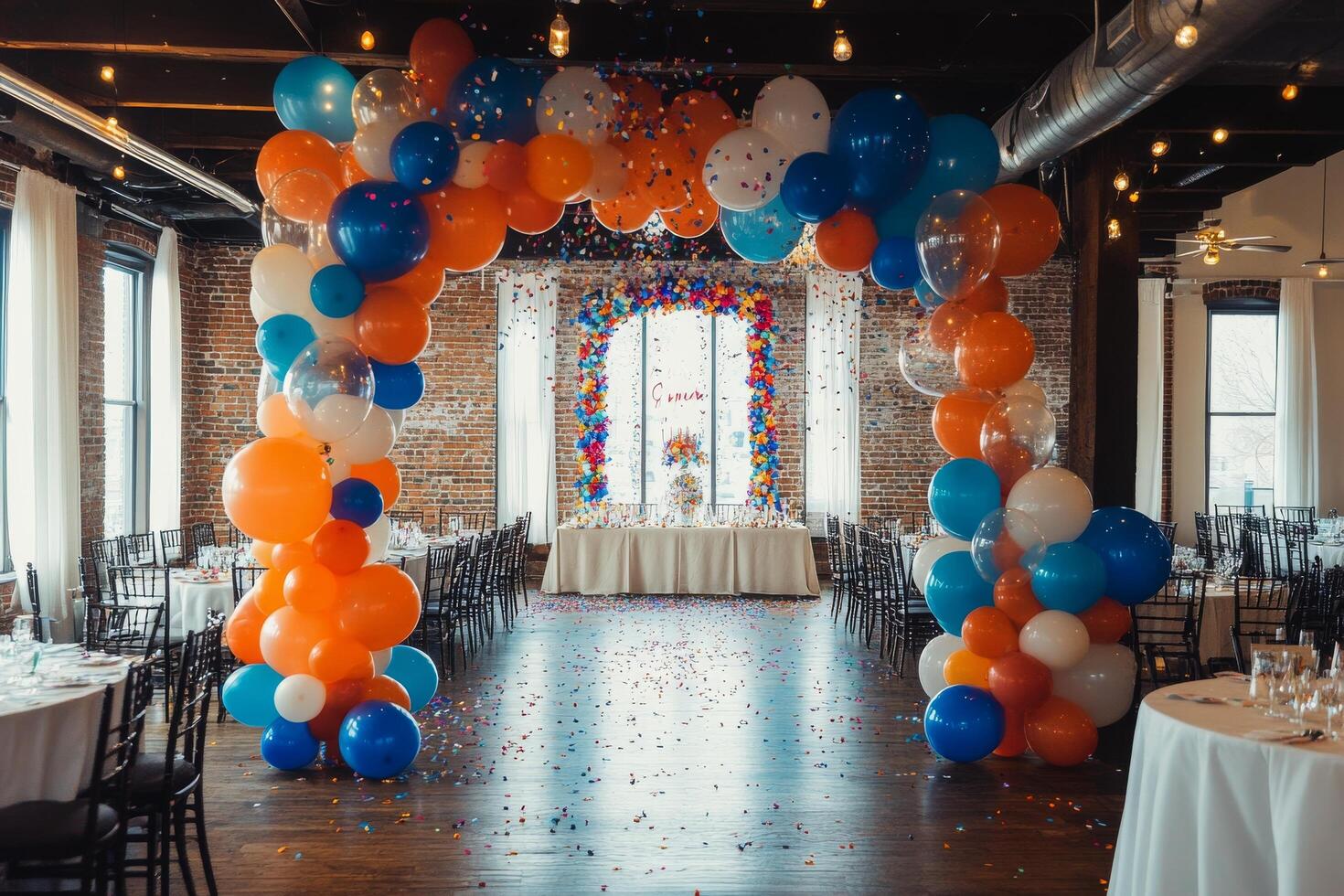 A wedding arch decorated with orange and blue balloons photo