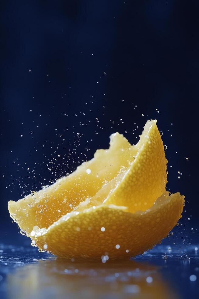 A slice of lemon being splashed with water photo