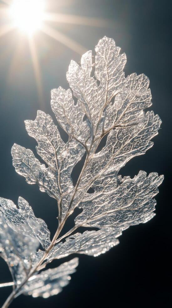 A leaf with frost on it in front of the sun photo
