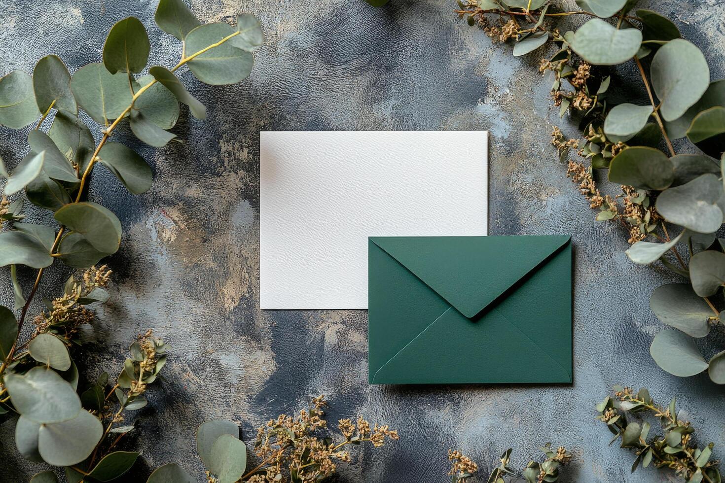 Green envelope and envelope with eucalyptus leaves on a dark background photo