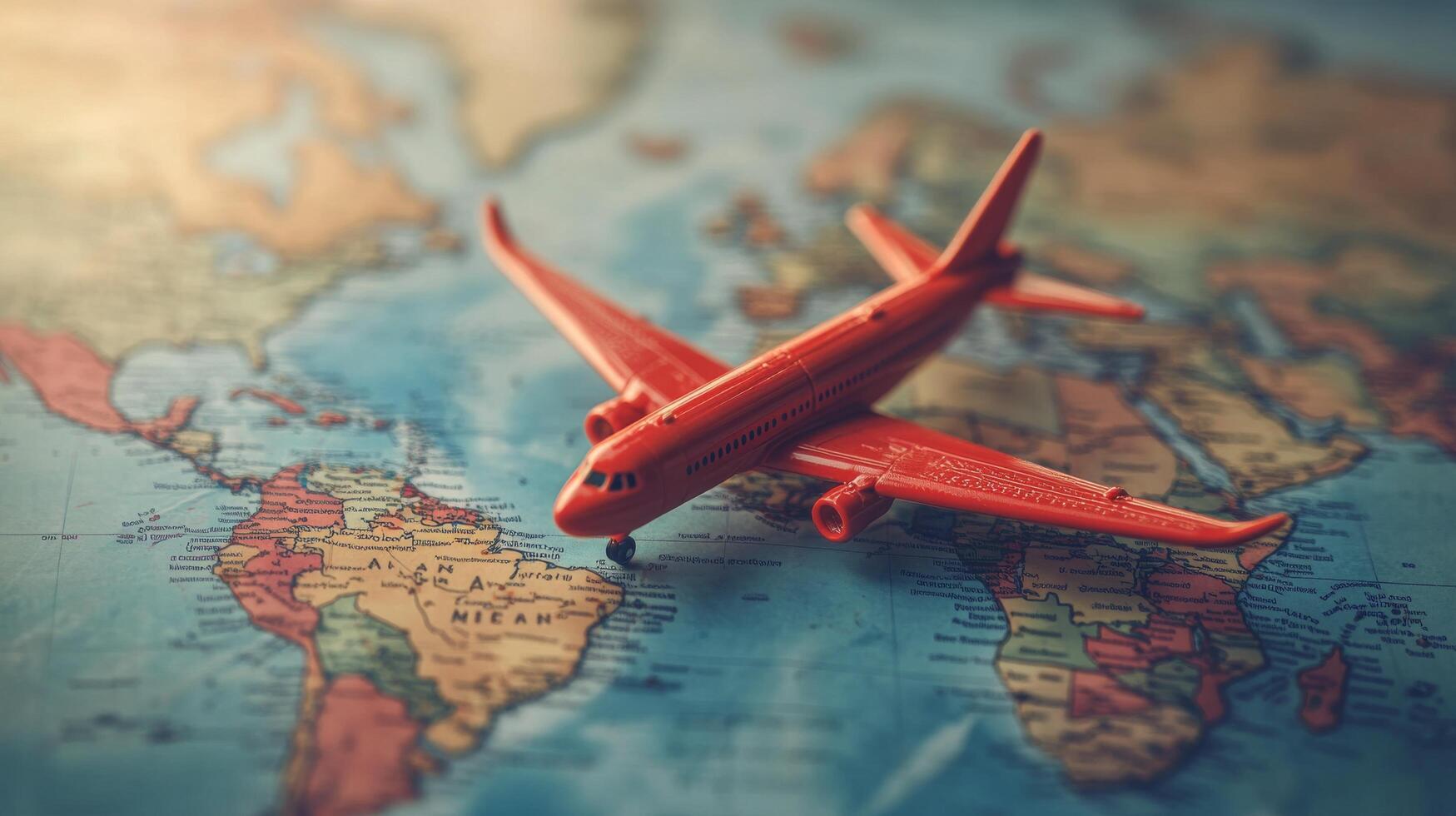 A toy airplane is flying over the world map photo