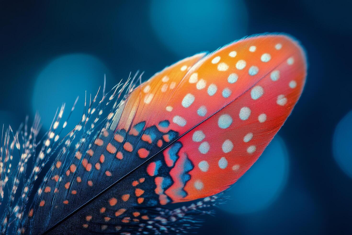 A close up of a colorful feather with polka dots photo