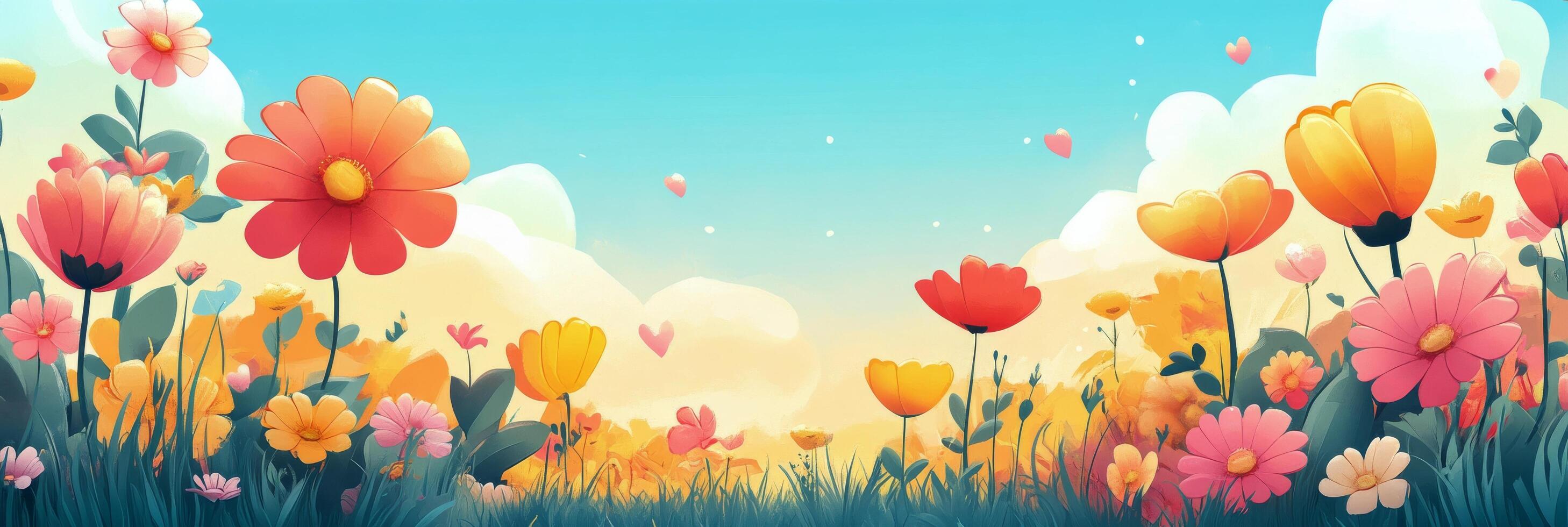 A colorful field of flowers with butterflies flying in the sky photo