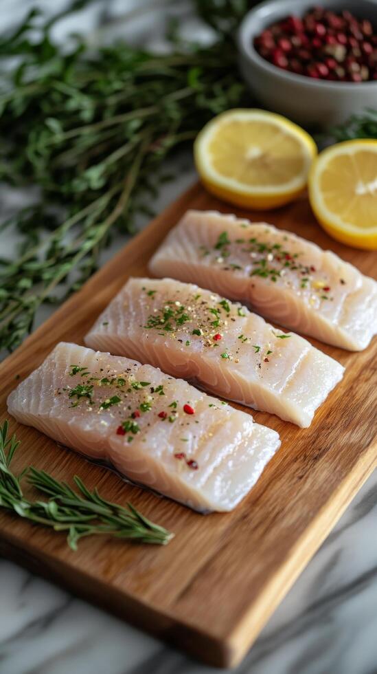 Three fillets of fish on a cutting board with herbs photo