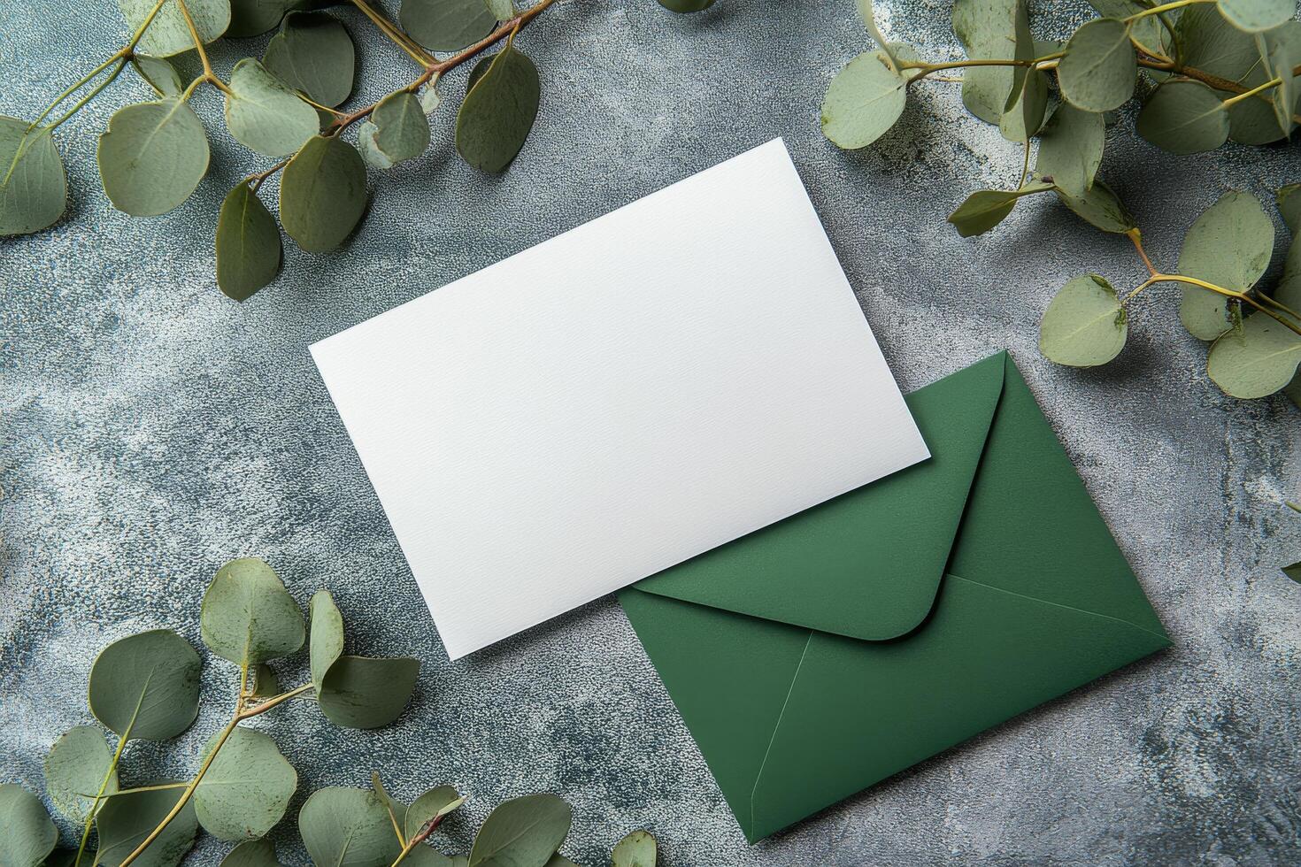 Green envelope and blank card on concrete background photo