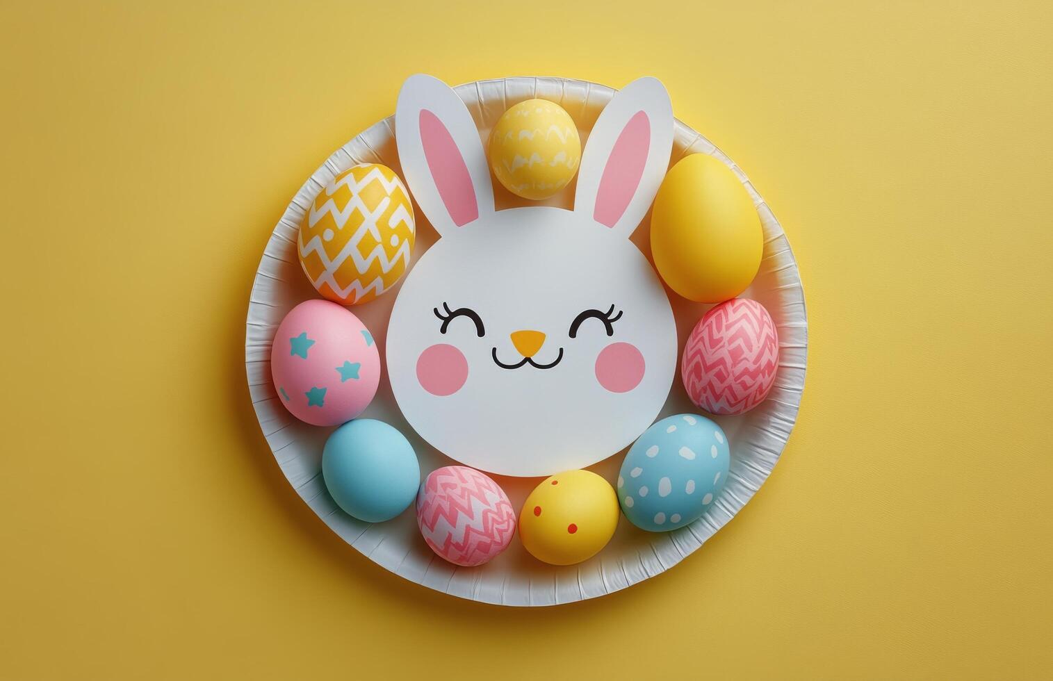 Easter bunny on a plate with colorful eggs photo