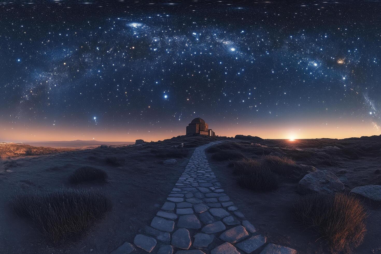 The milky way over a stone path in the desert photo