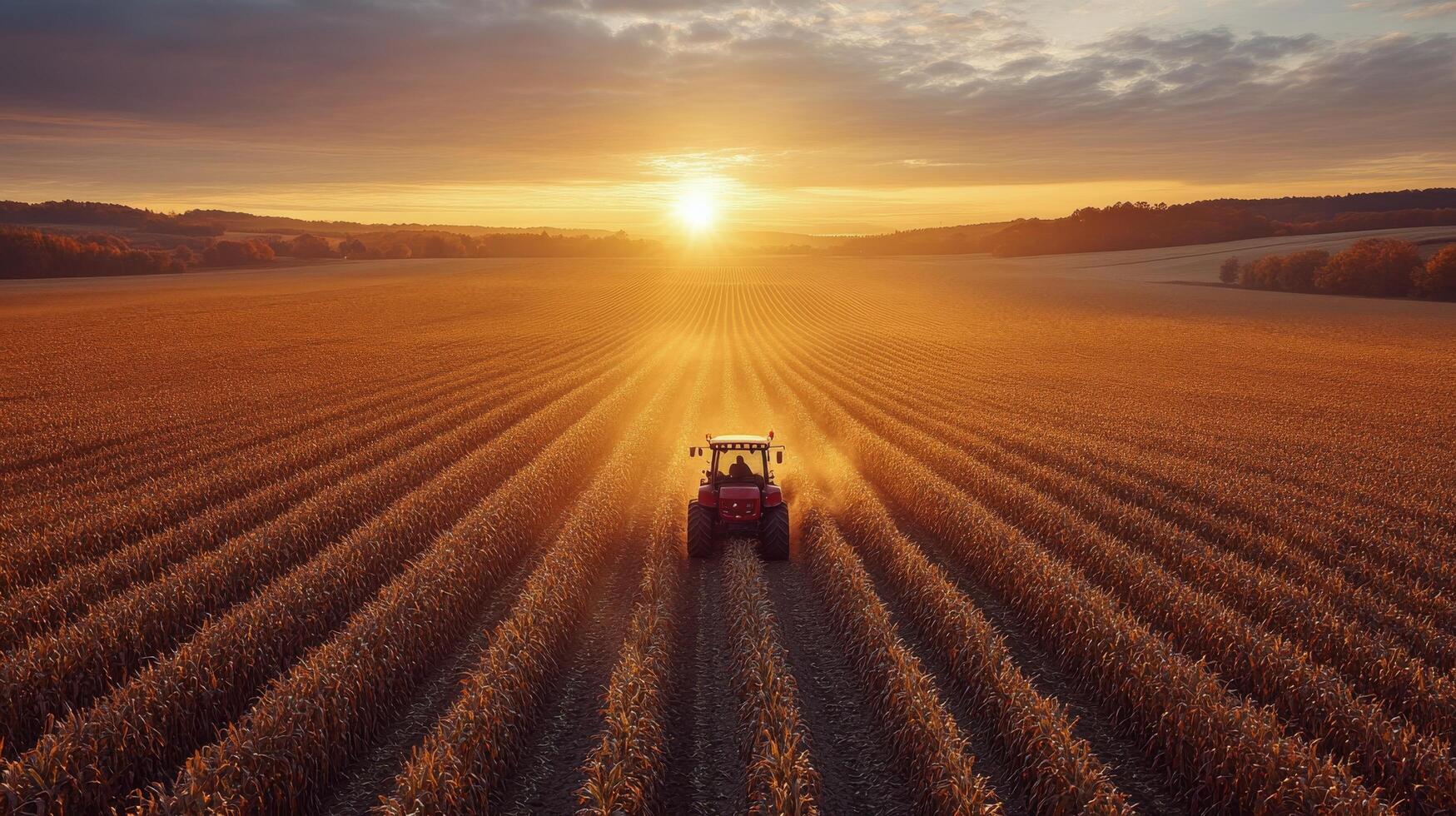 Tractor in the field at sunset photo
