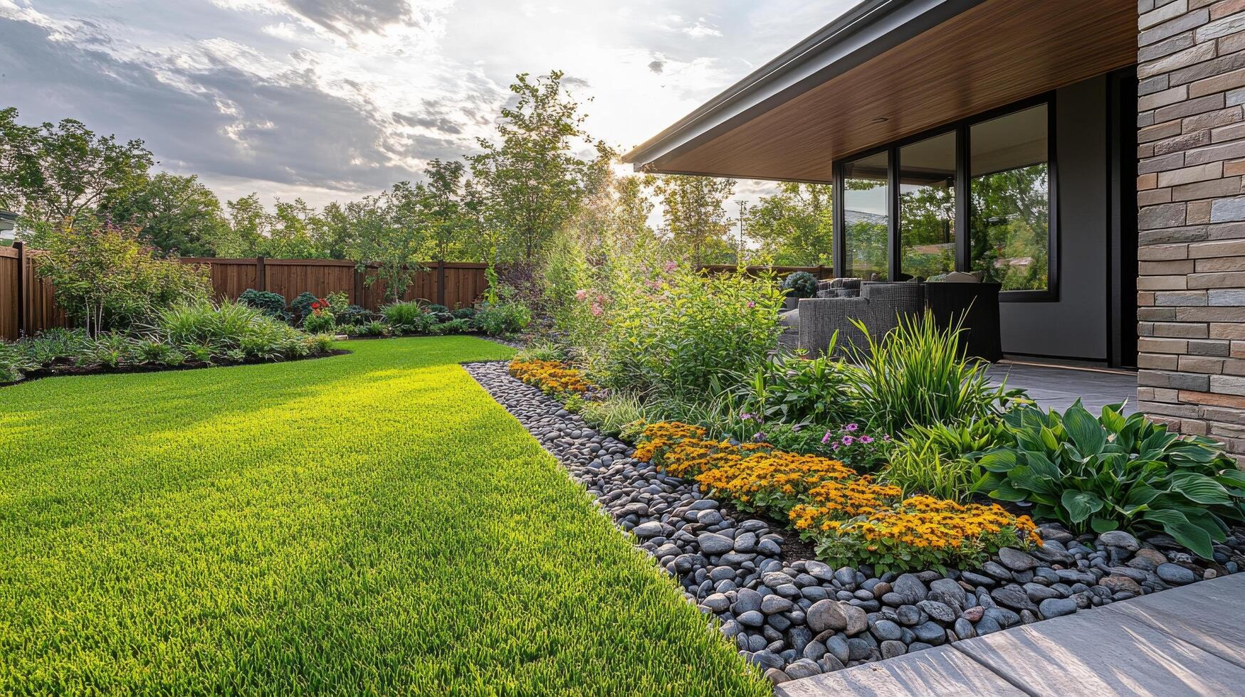 A backyard with a lawn, stone walkway and a garden photo