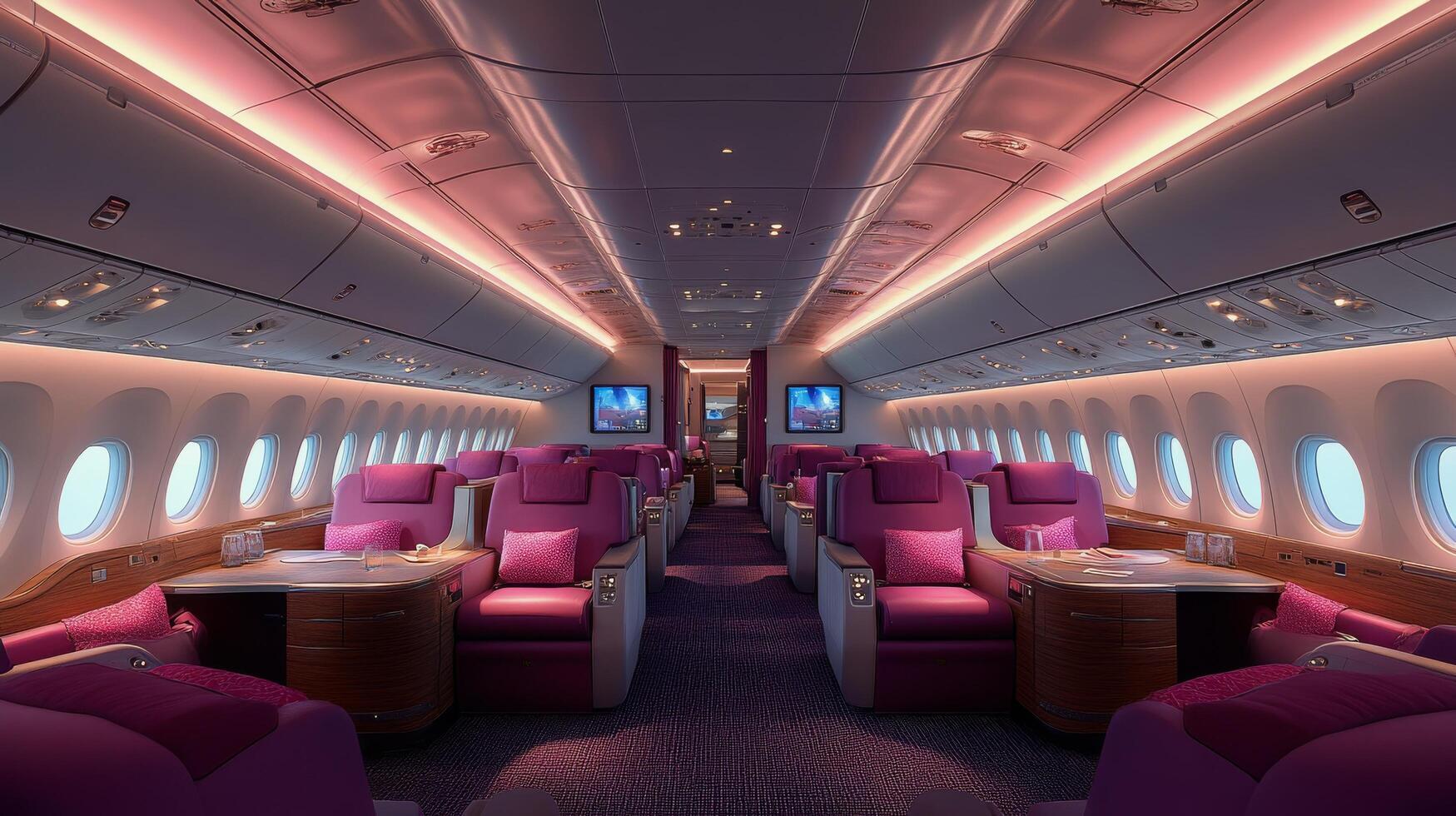 Large airplane with purple seats and a TV inside the cabin, modern airplane interior, travel concept