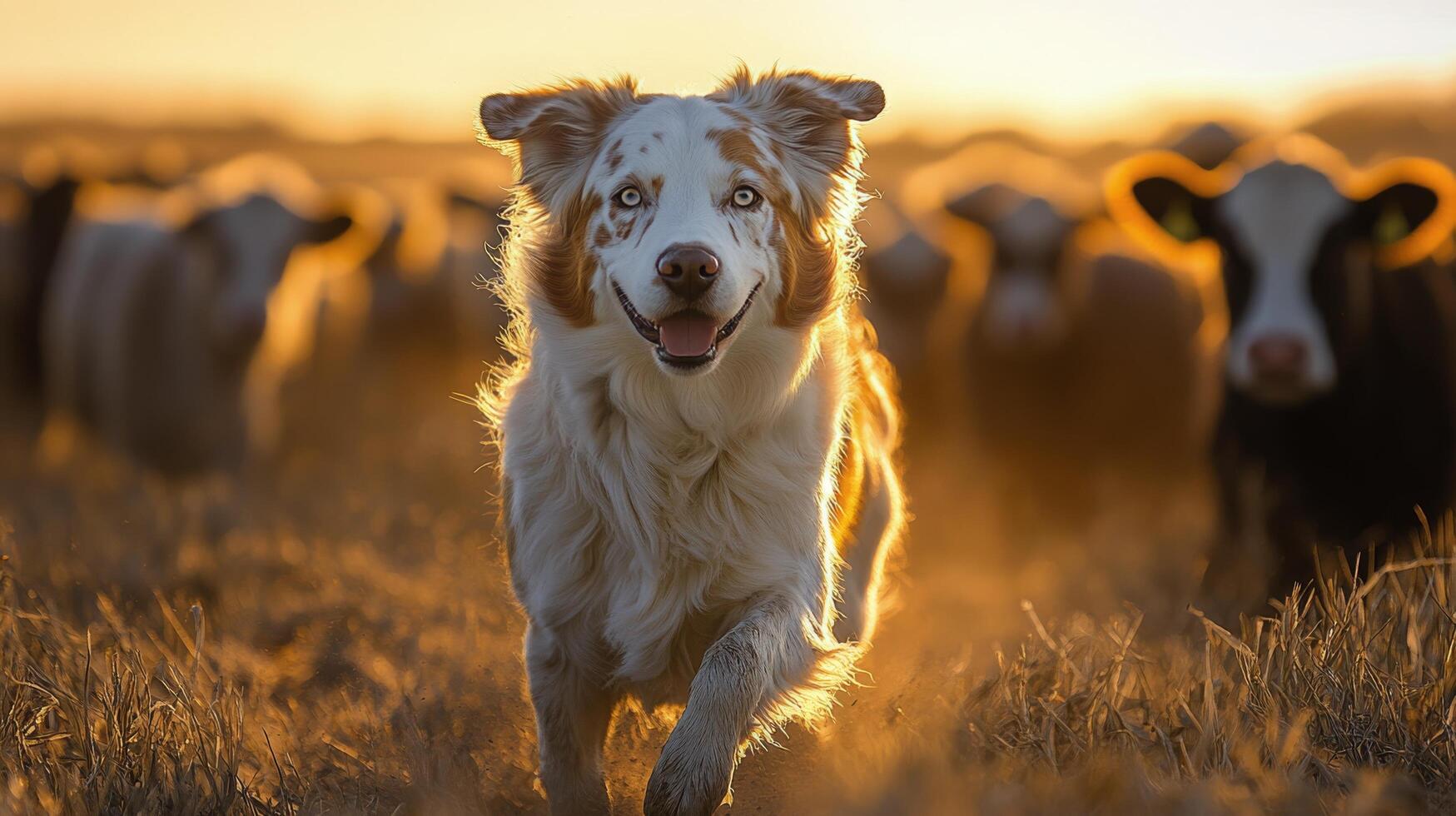 A dog running in a field of cows photo