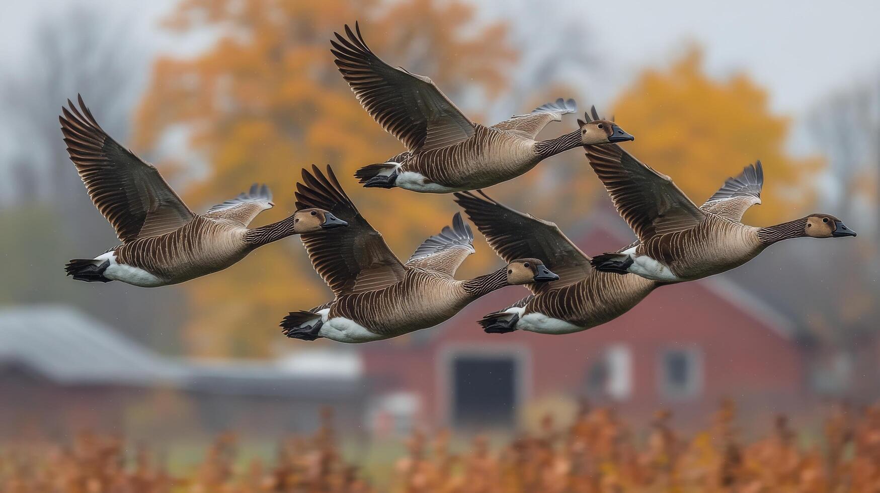 Four geese flying over a field with a barn in the background photo