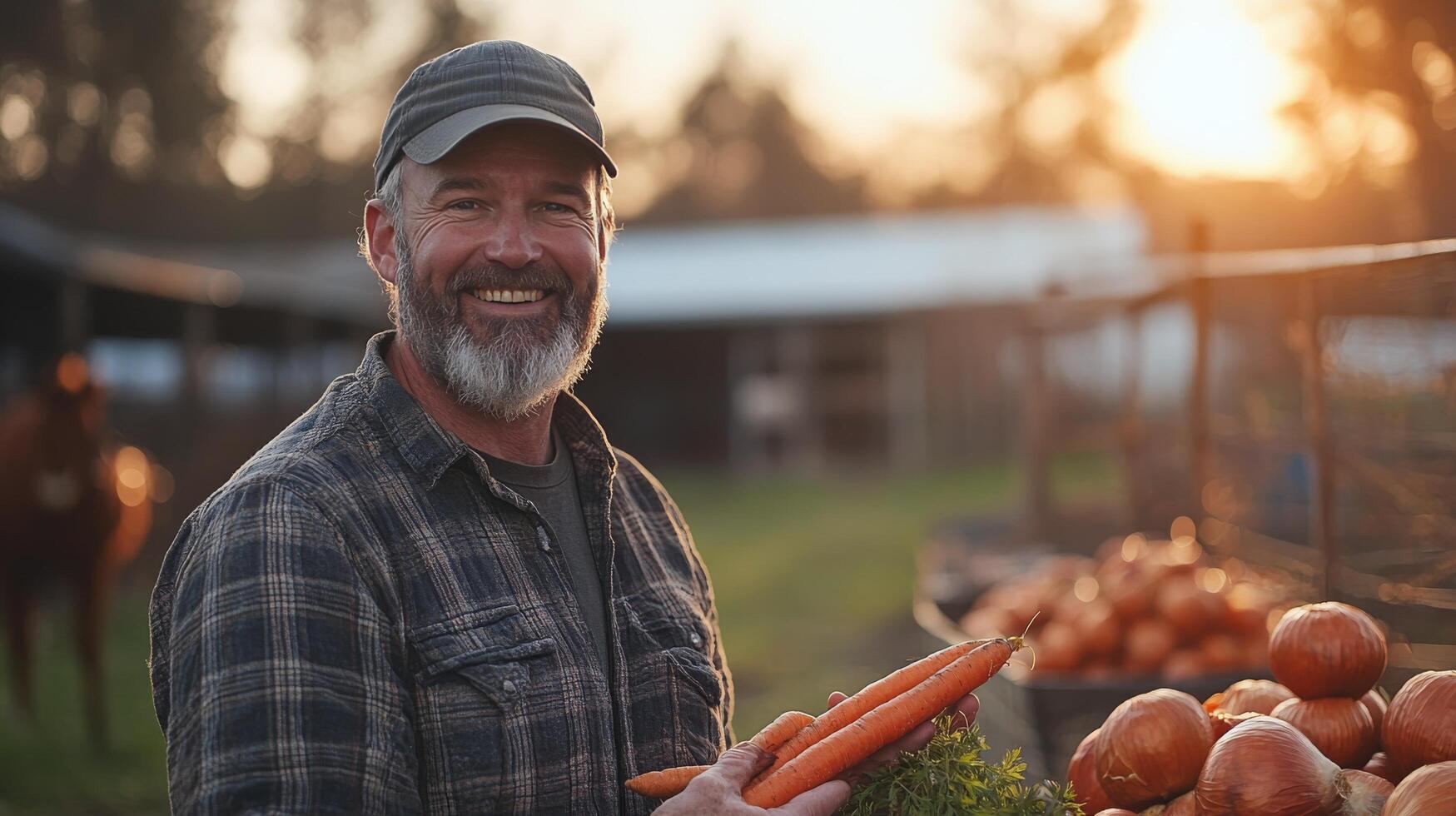 A smiling man holding a carrot in front of a farm photo