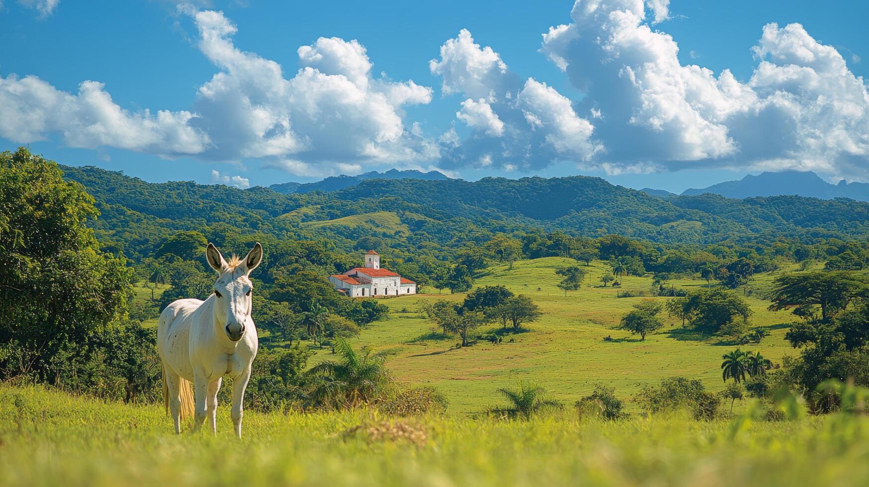 A white horse standing in a field with a church in the background photo
