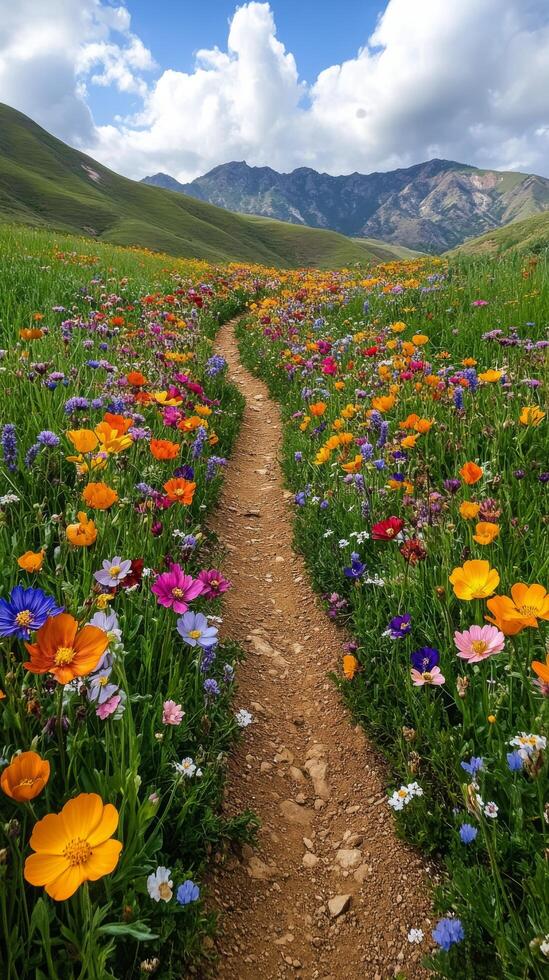 A dirt path leads through a field of wildflowers photo