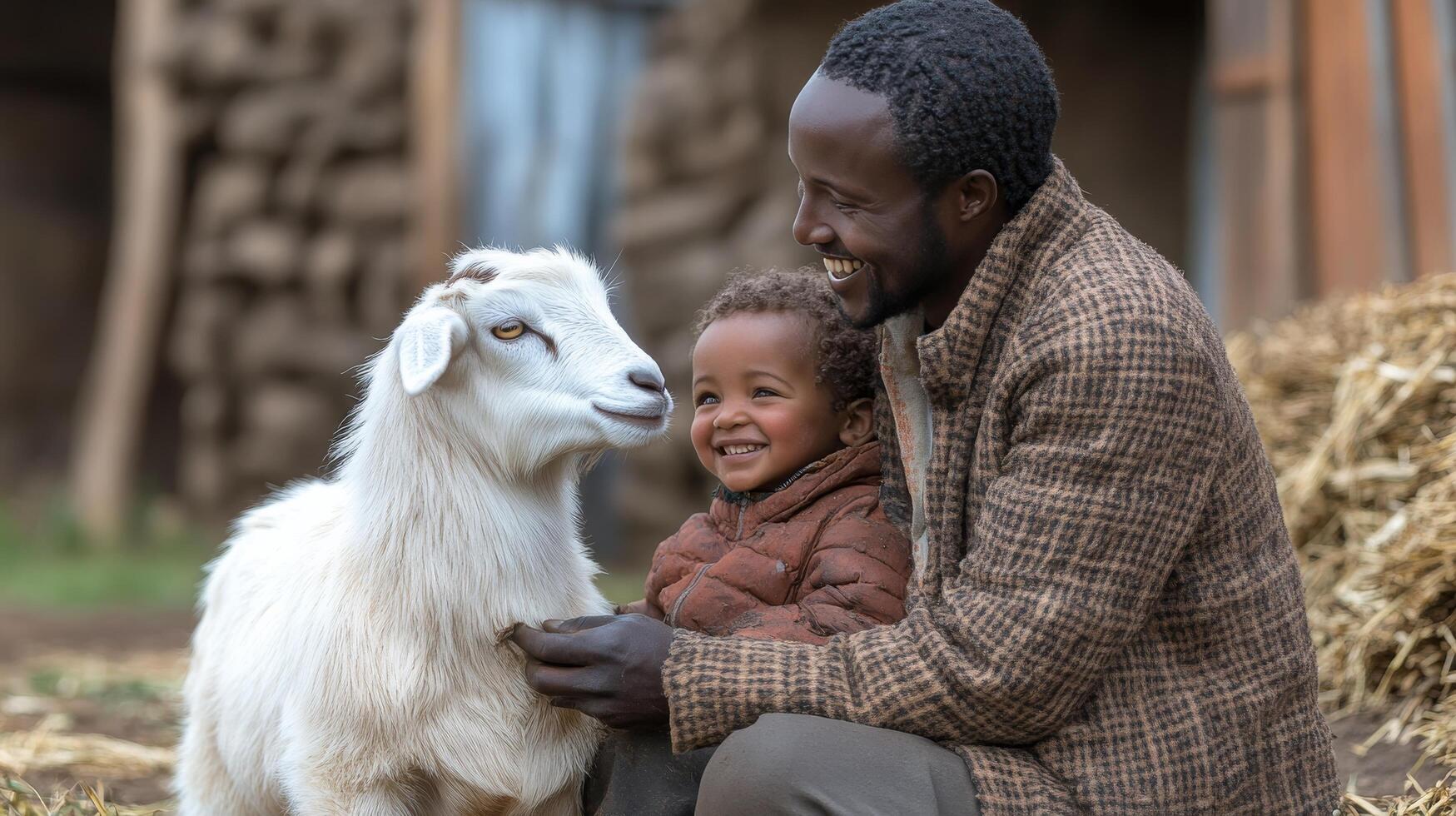 A man and a child petting a goat photo