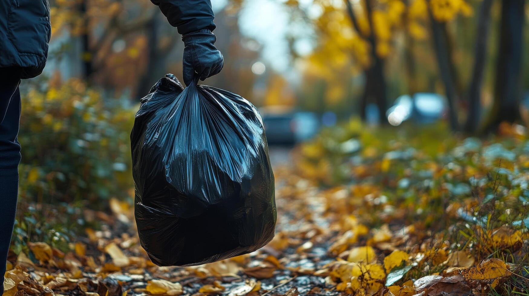 A person in black gloves carrying a black garbage bag photo