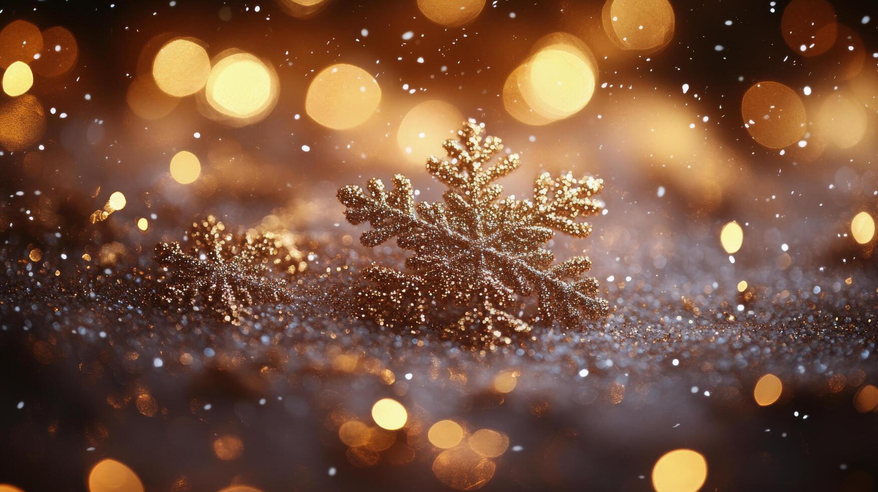 Golden snowflakes on a dark background with bokeh photo